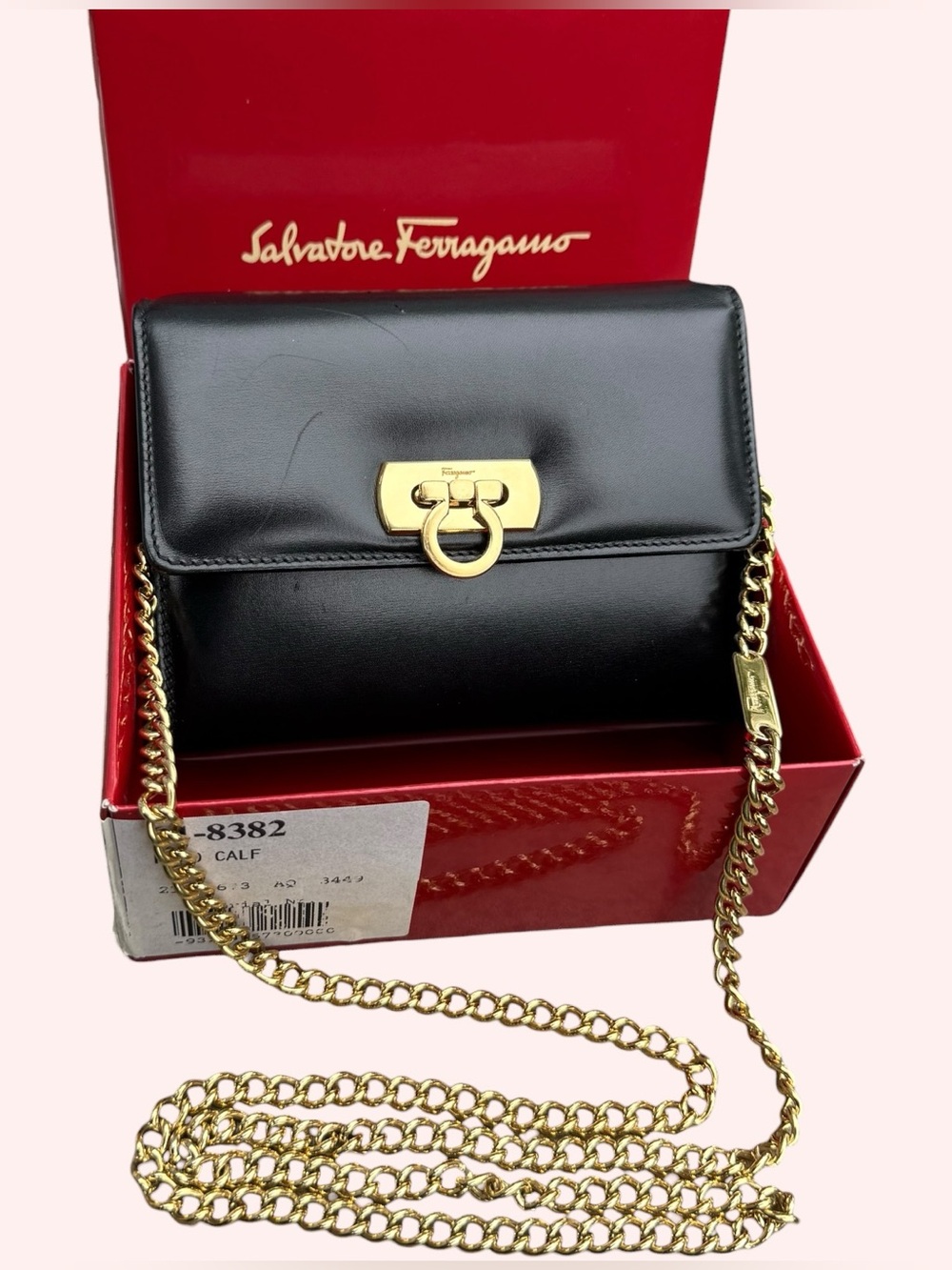 Salvatore Ferragamo Gancini 196 Nero Calf Black Shoulder Bag Gold Chain w/ BOX